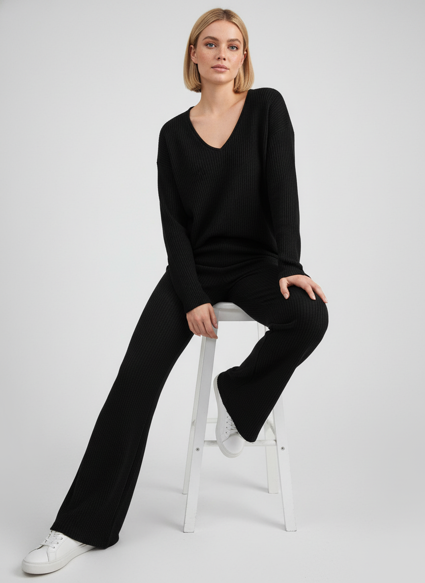 Ribbed Knit Set – V-Neck Top & Straight-Leg Pants