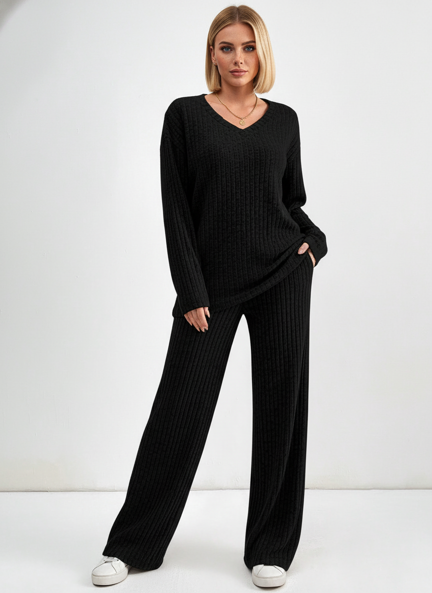 Ribbed Knit Set – V-Neck Top & Straight-Leg Pants